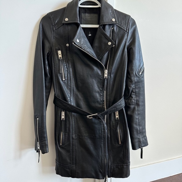 AllSaints Asker black Leather biker jacket trench leather jacket size 0 - Picture 3 of 14